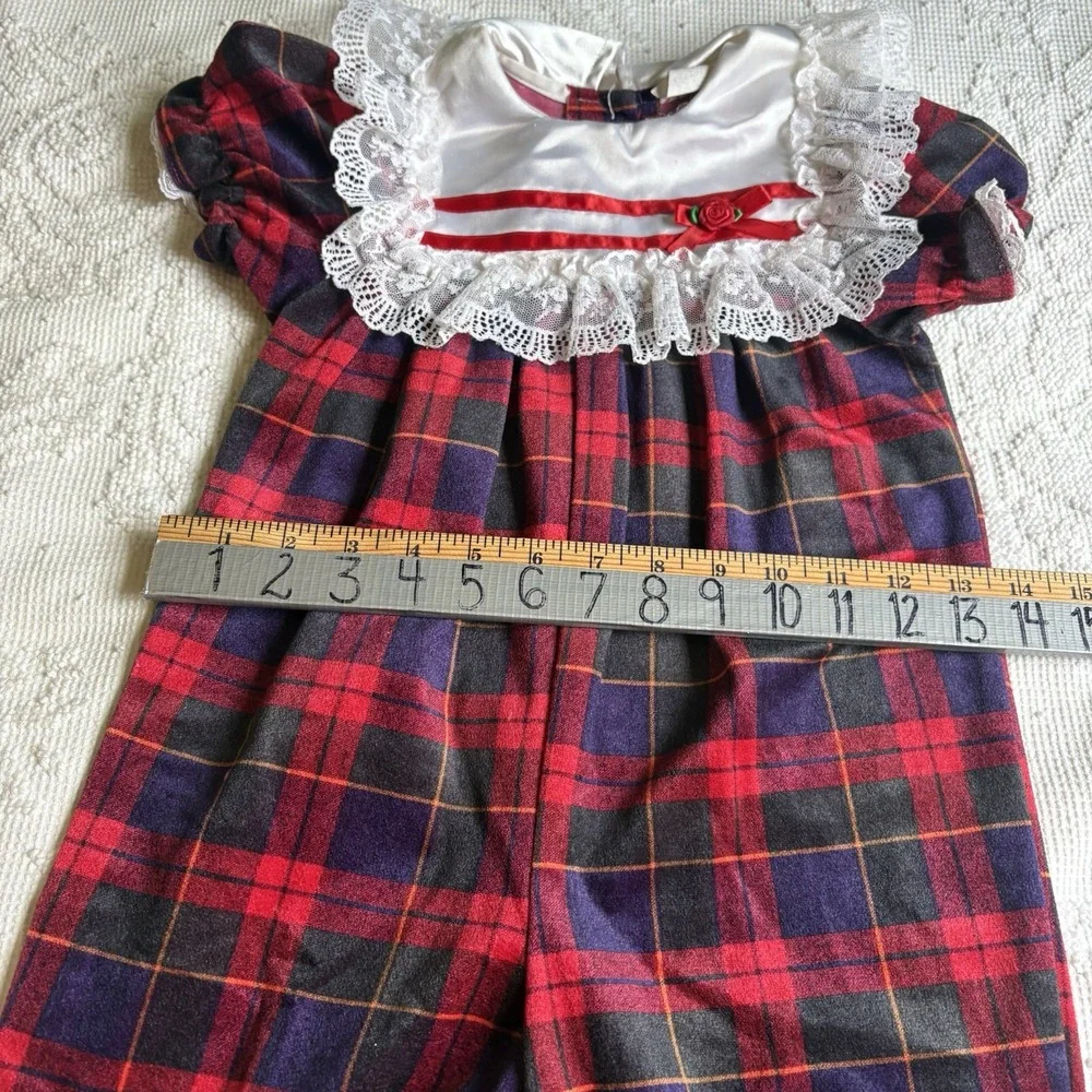 VTG Romper Flannel Jumpsuit‎ With Lacy Collar Sz 24 Mo Red Plaid